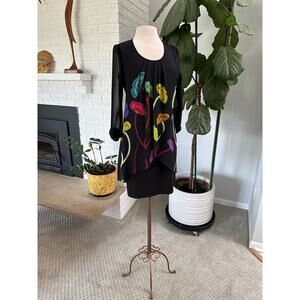 Women LS Black Floral Midi Dress 8 Boho Sheer Lined Quiet Luxury Asymmetric